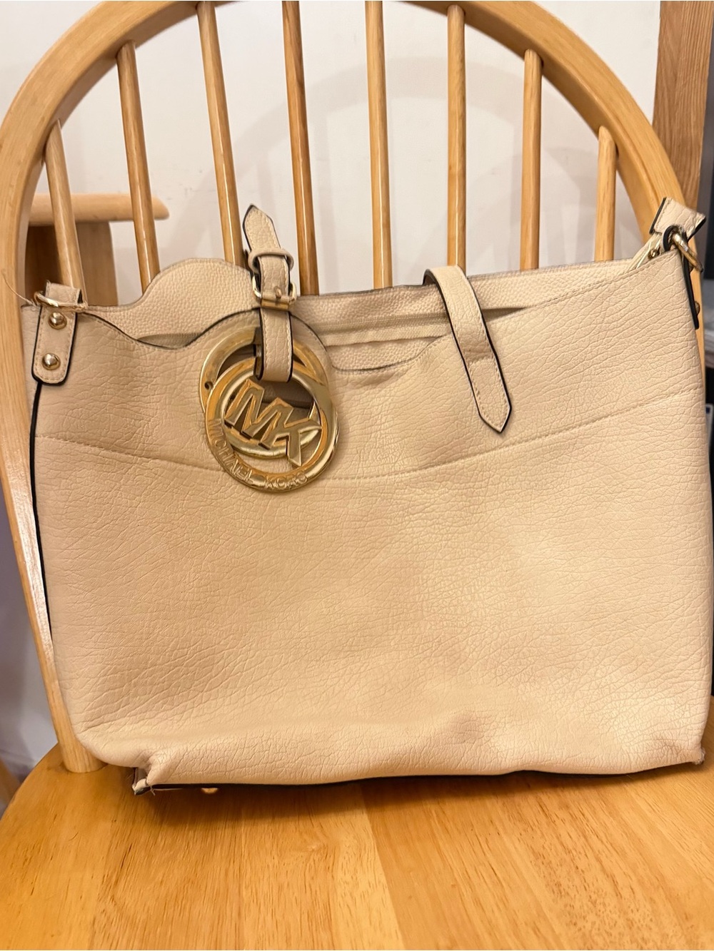 Michael Kors Cream Leather Shoulder Bag with Gold MK Charm